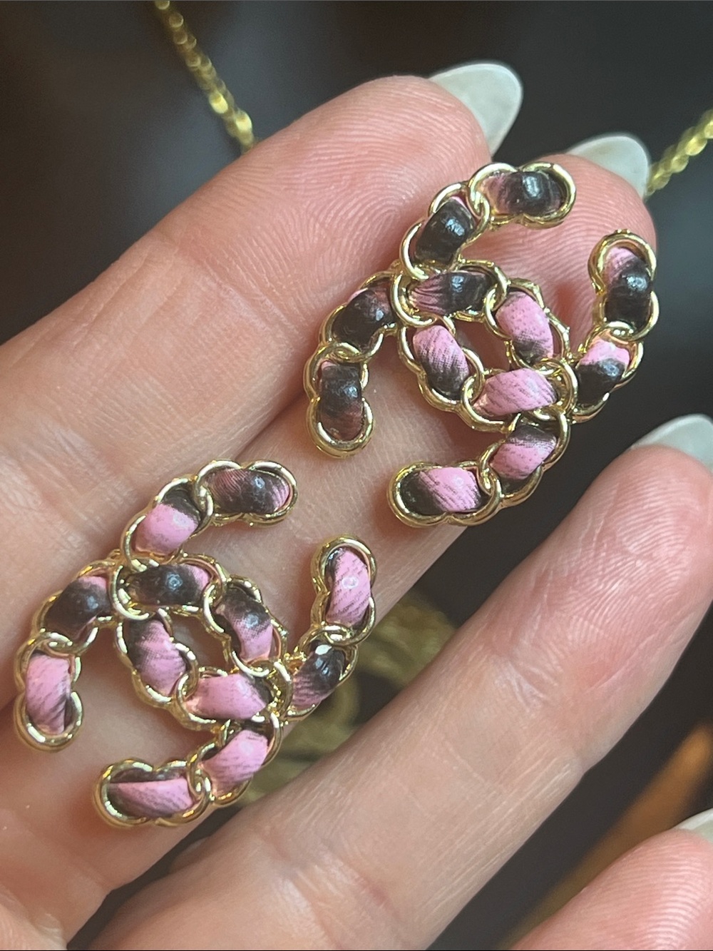 Pink and Gold Interwoven Logo-Style Stud Earrings